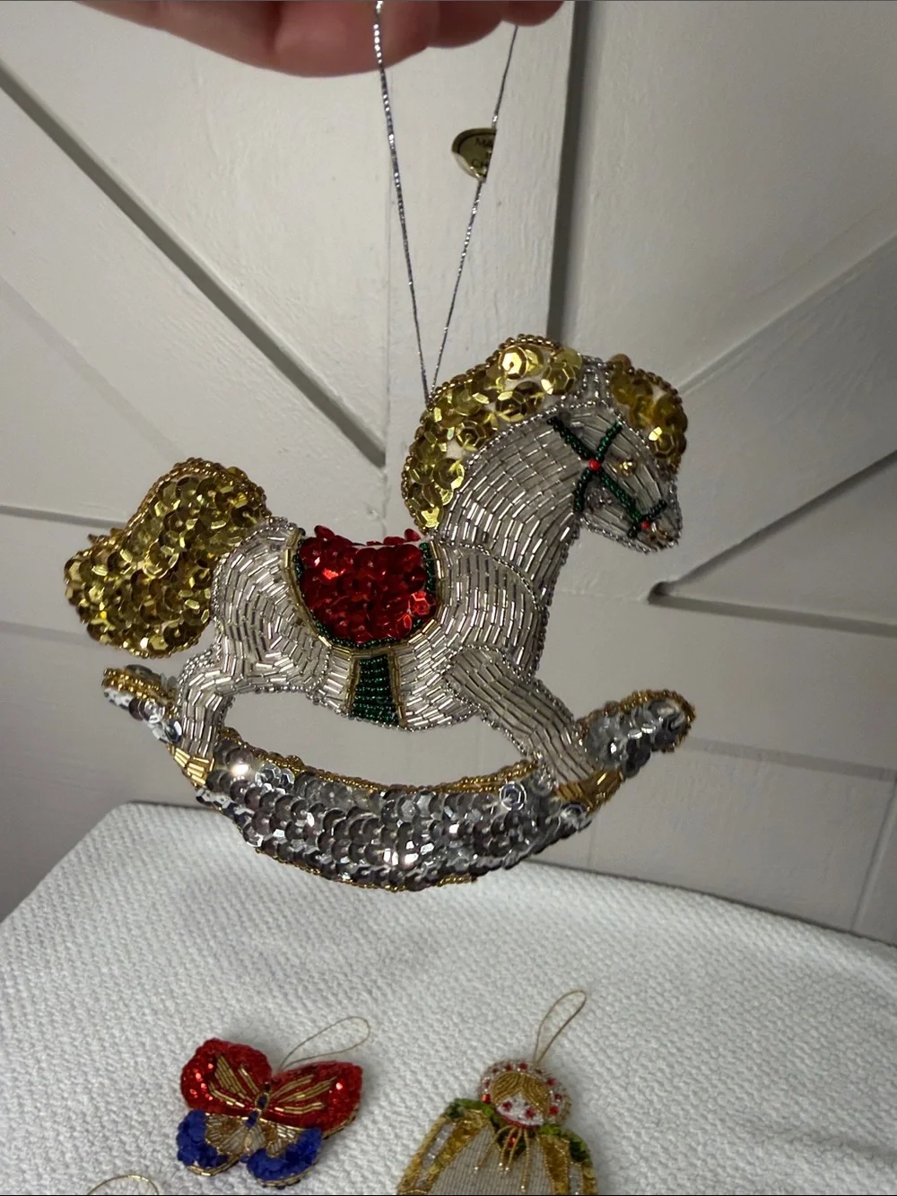 Vintage Handmade Beaded Sequin Christmas Holiday Ornament Set of 4 Kitsch Retro